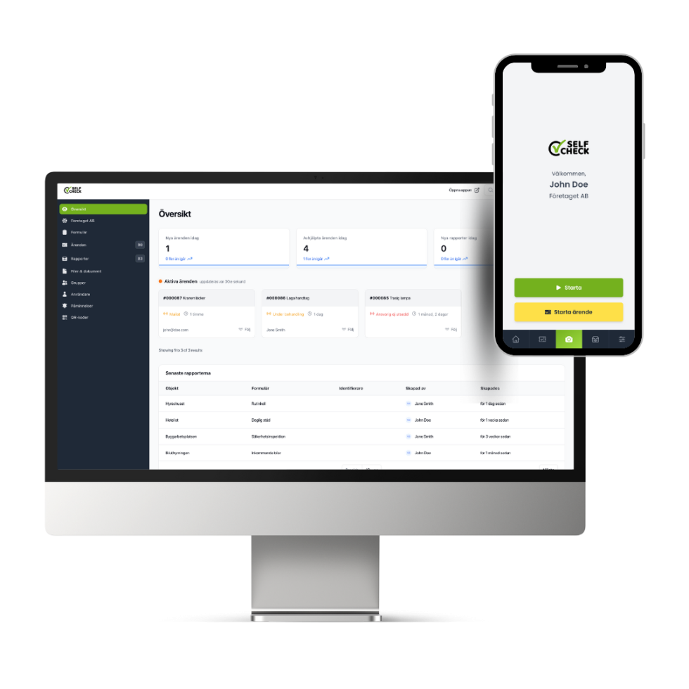 En telefon och en dator som visar Selfchecks app och dashboard, där man kan skapa digitala checklistor